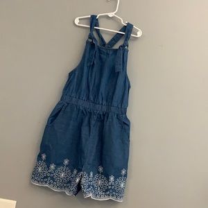 Suspender Denim Romper w/ Embroidered Flowers